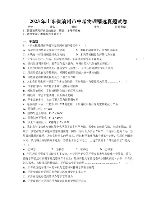 2023年山东省滨州市中考物理精选真题试卷及解析