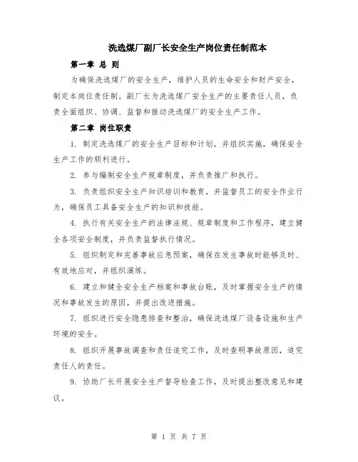 洗选煤厂副厂长安全生产岗位责任制范本（2篇）