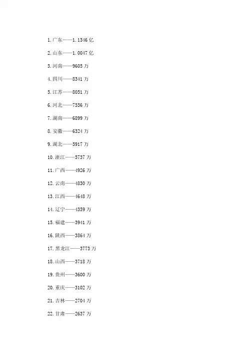 最新中国人口排名 省份