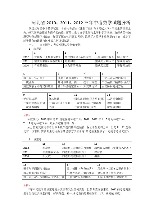 河北省2010、2011、2012三年中考数学试题分析