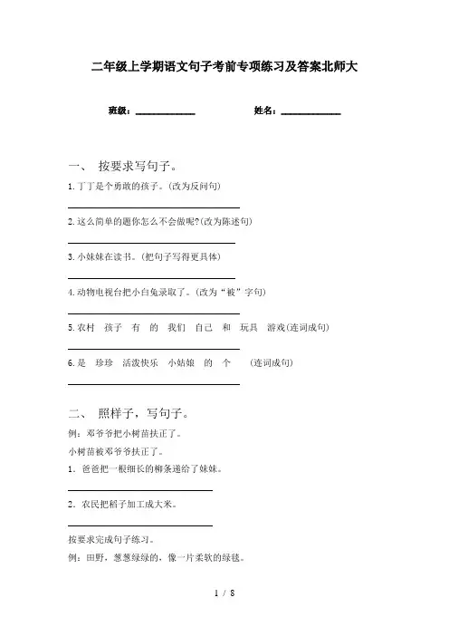 二年级上学期语文句子考前专项练习及答案北师大