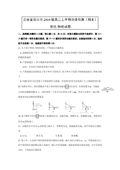 云南省保山市2018届高三上学期市级统测(期末)理综物理试题Word版含答案