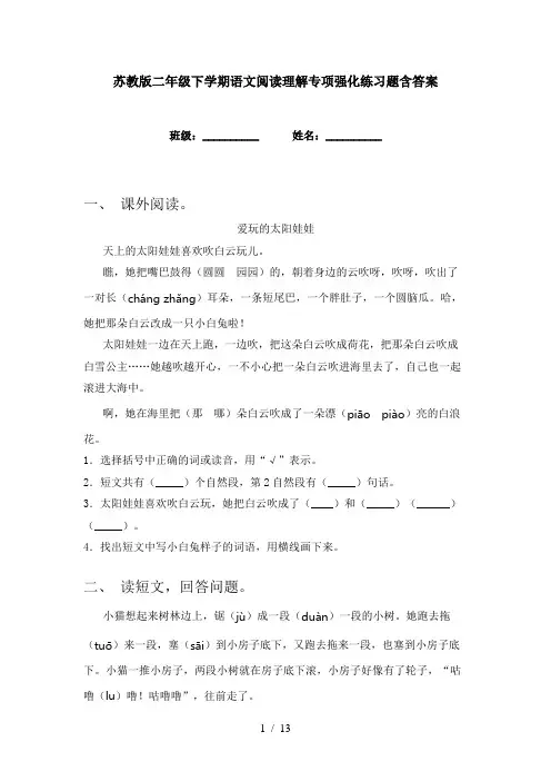 苏教版二年级下学期语文阅读理解专项强化练习题含答案