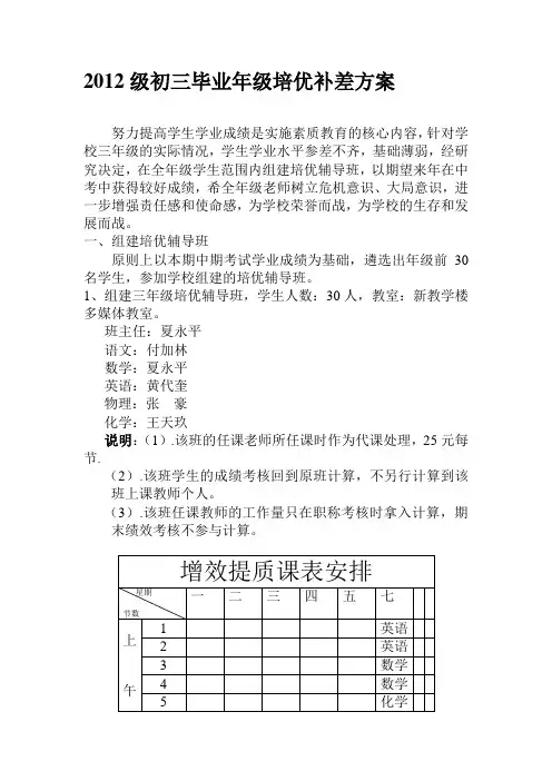 2012级初三毕业年级培优补差方案修改