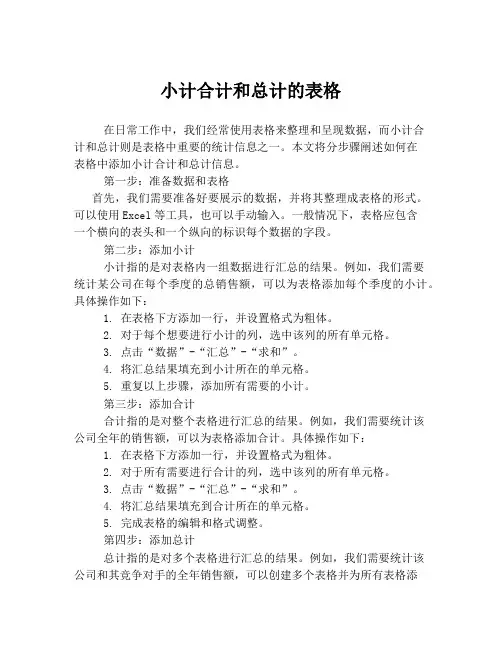 小计合计和总计的表格