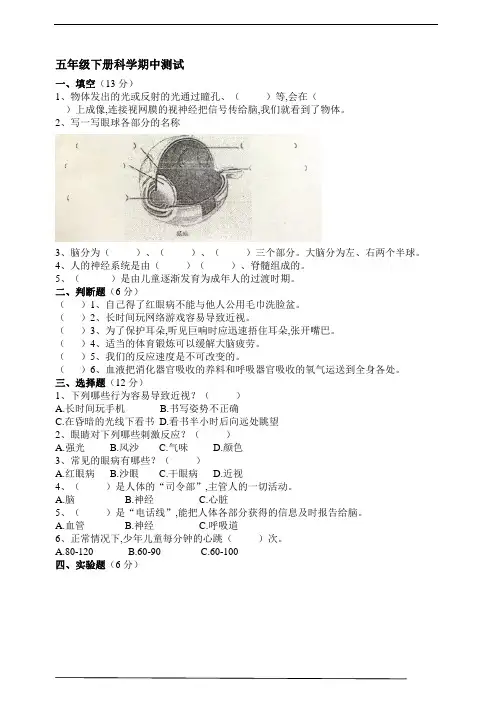 五年级下册科学期中测试试题及答案