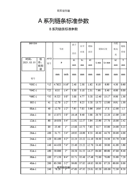 标准型号链条参数表-链节参数表之欧阳语创编