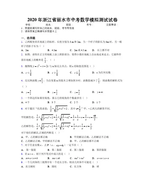 2020年浙江省丽水市中考数学模拟测试试卷附解析
