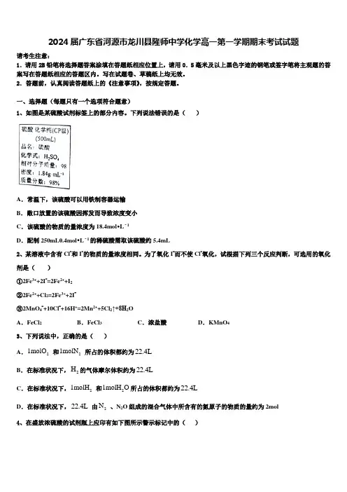 2024届广东省河源市龙川县隆师中学化学高一第一学期期末考试试题含解析