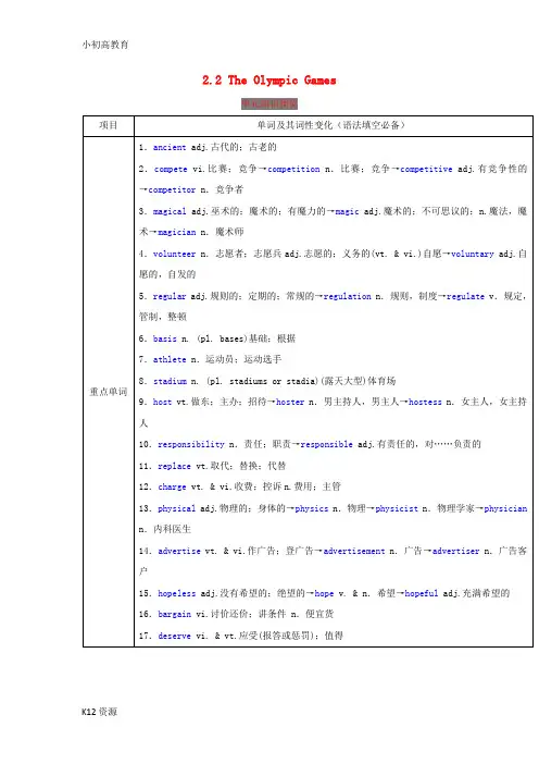 【小初高学习】2019年高考英语一轮复习2.2TheOlympicGames讲含解析