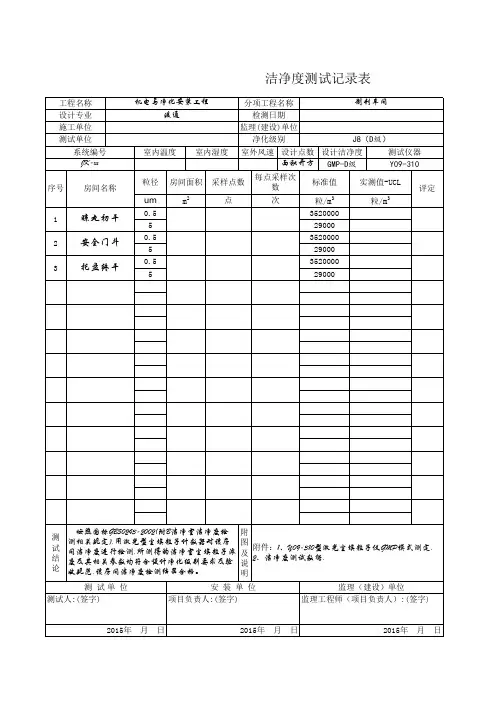 洁净度测试记录表(J8-D级)