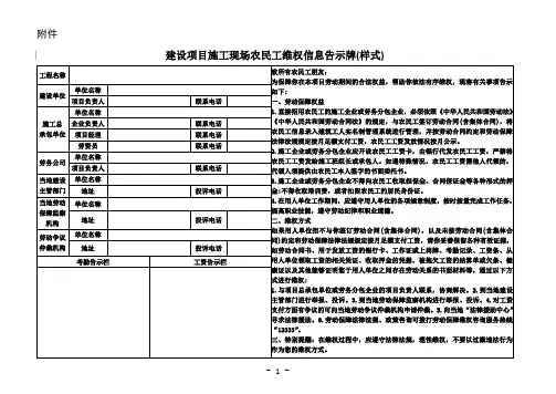 建设项目施工现场农民工维权信息告示牌(样式)