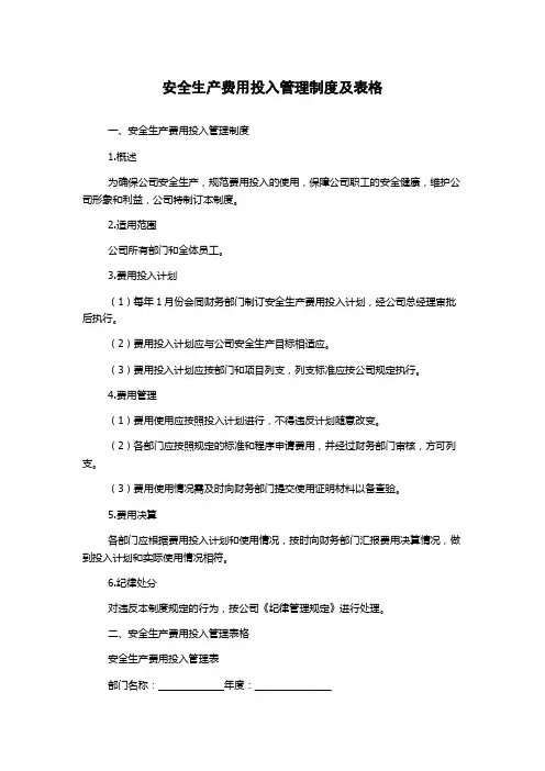 安全生产费用投入管理制度及表格
