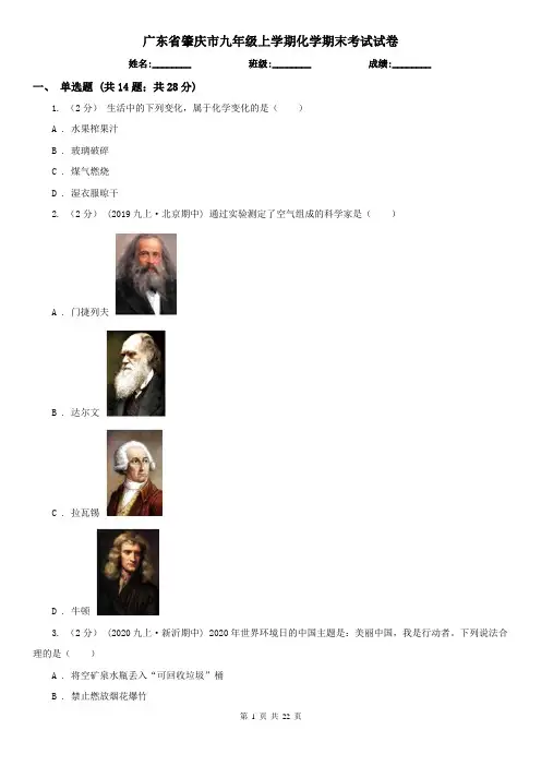 广东省肇庆市九年级上学期化学期末考试试卷