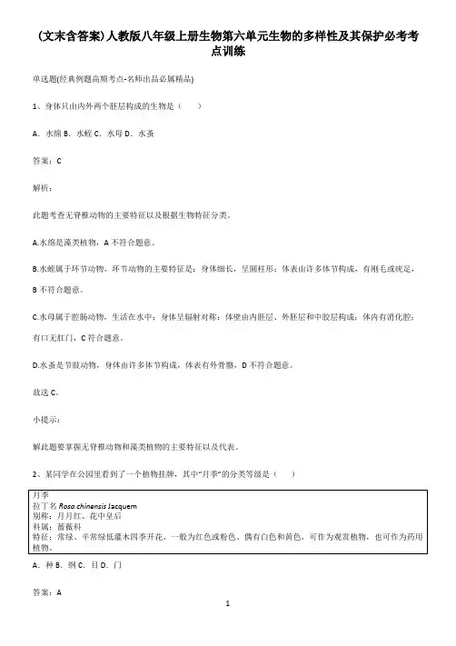 (文末含答案)人教版八年级上册生物第六单元生物的多样性及其保护必考考点训练