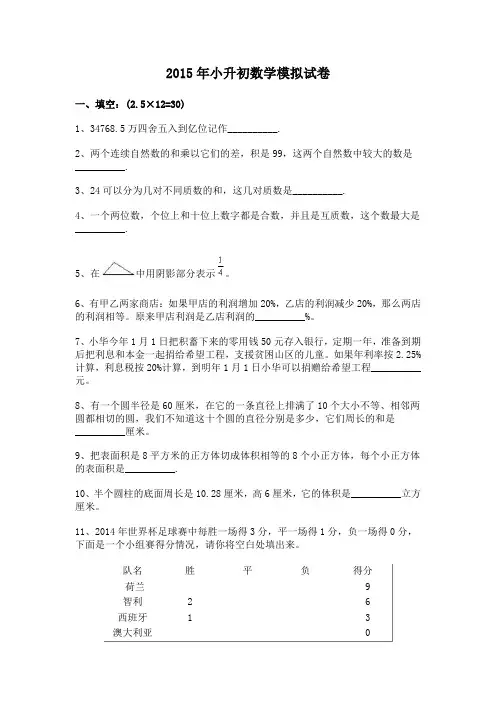 2015小升初数学试题及答案