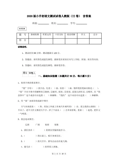 2020版小升初语文测试试卷人教版(II卷) 含答案