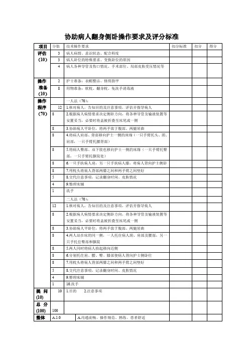 协助病人翻身侧卧操作要求及评分标准