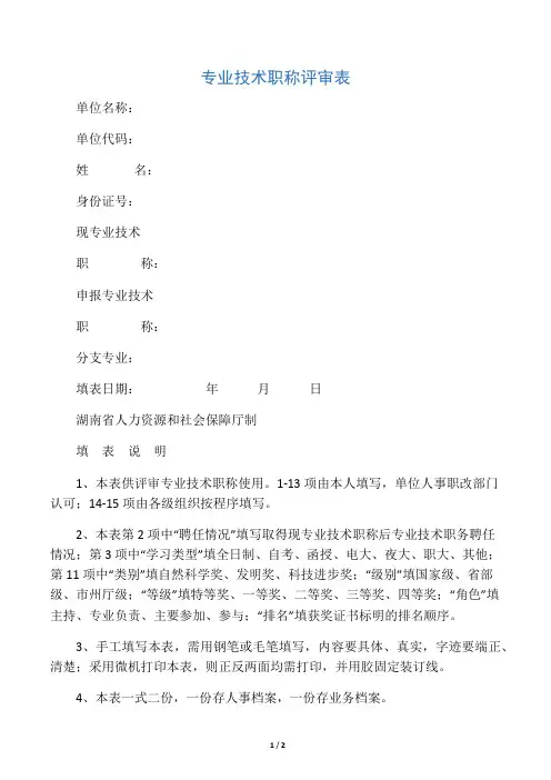 湖南省专业技术职称评审表