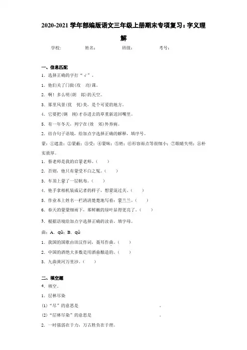 2020-2021学年部编版语文三年级上册期末专项复习：字义理解