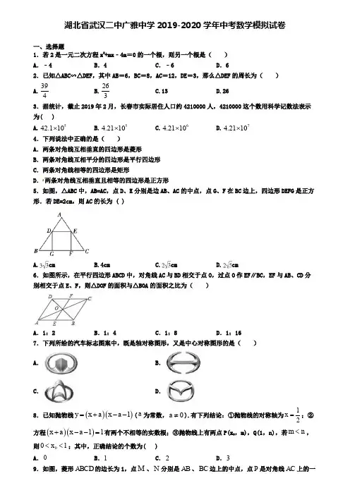 湖北省武汉二中广雅中学2019-2020学年中考数学模拟试卷
