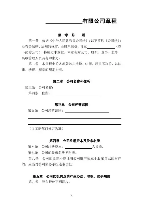 章程(一人公司、设执行董事、经理、不设监事会)