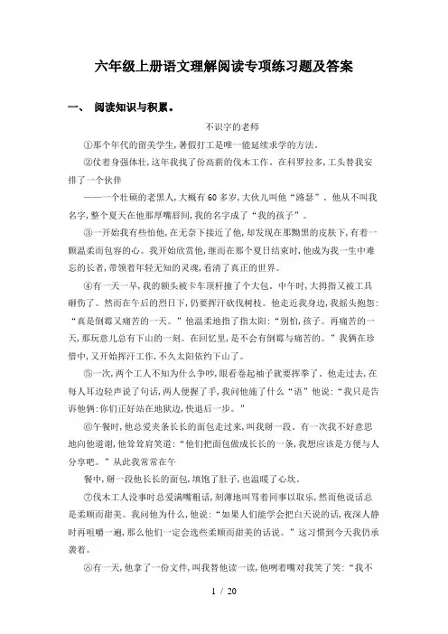 六年级上册语文理解阅读专项练习题及答案