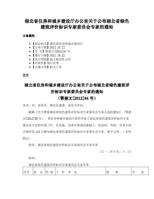 湖北省住房和城乡建设厅办公室关于公布湖北省绿色建筑评价标识专家委员会专家的通知