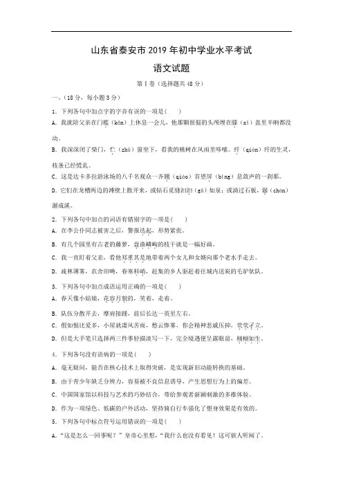 语文2019年中考试题-山东省泰安市2019年初中学业水平考试试题试题及答案