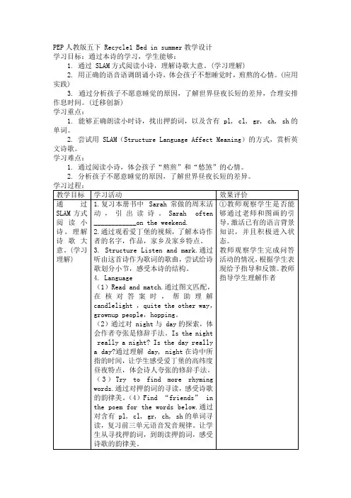 Recycle1Bedinsummer(教学设计)人教PEP版英语五年级下册