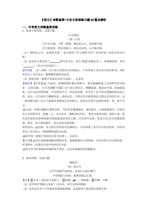 【语文】诗歌鉴赏+文言文阅读练习题20篇及解析 (2)