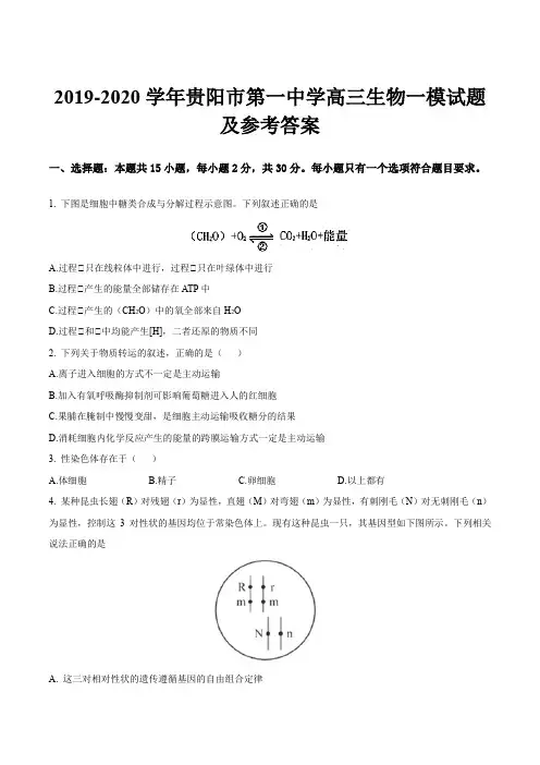 2019-2020学年贵阳市第一中学高三生物一模试题及参考答案