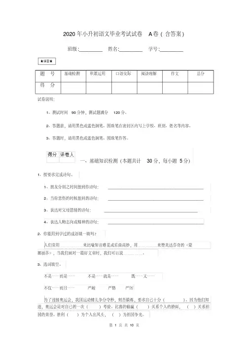 2020年小升初语文毕业考试试卷A卷(含答案)
