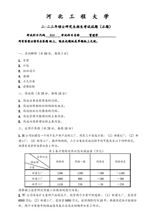 2023年河北工程大学研究生自主命题 814管理学考试真题