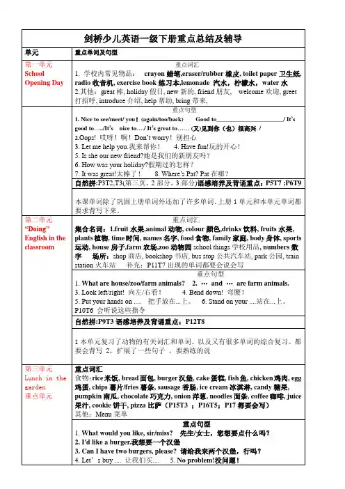 剑桥英语一级下册重点内容