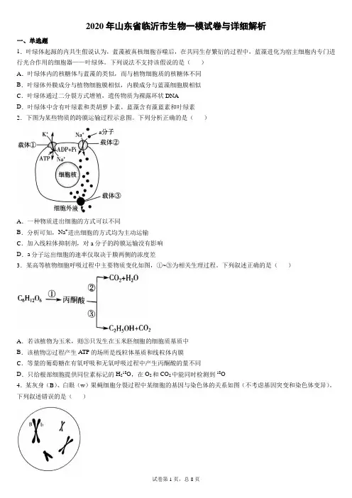 2020年山东省临沂市生物一模试卷与详细解析