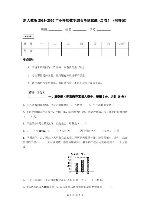 新人教版2019-2020年小升初数学综合考试试题(I卷) (附答案)