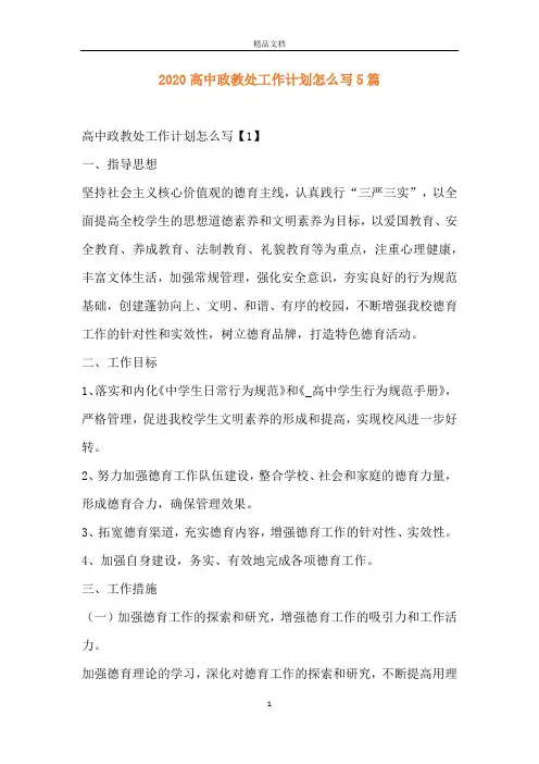 2020高中政教处工作计划怎么写5篇