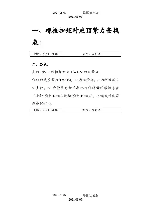 螺栓扭矩对应预紧力查找表之欧阳法创编