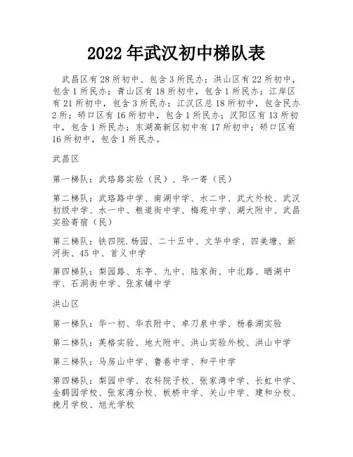 2022年武汉初中梯队表
