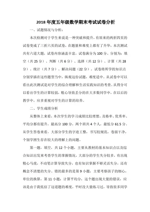 2018年度五年级数学期末考试试卷分析