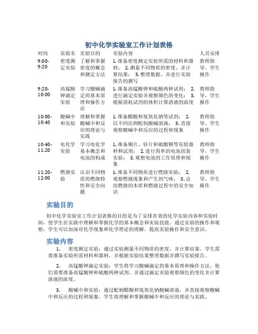 初中化学实验室工作计划表格