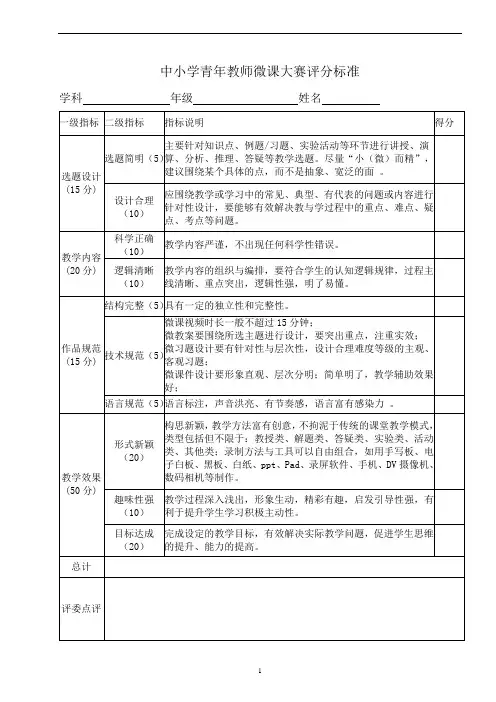 中小学青年教师微课大赛评分标准