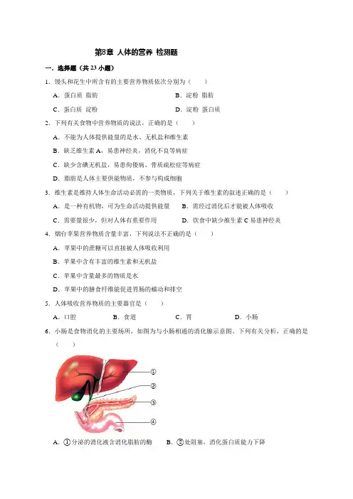 北师大版生物七年级下册第8章 人体的营养 检测题(解析版)