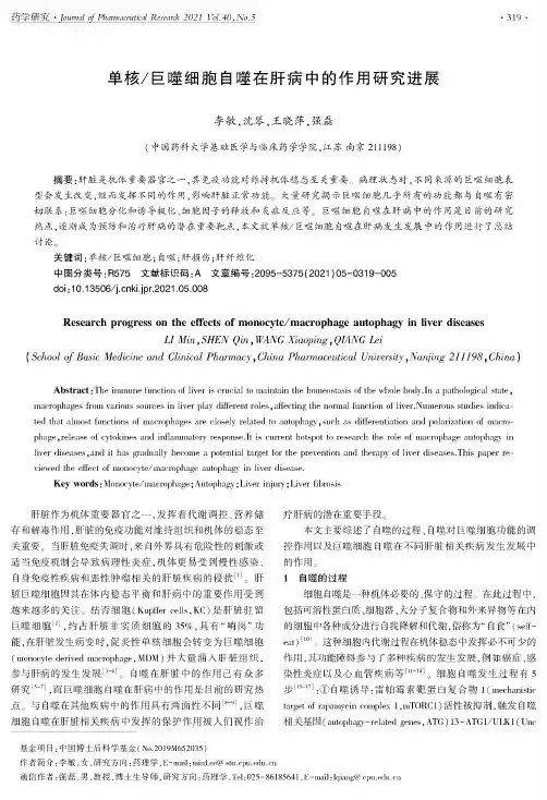 单核巨噬细胞自噬在肝病中的作用研究进展