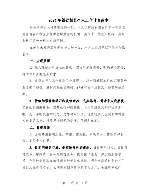 2024年银行柜员个人工作计划范本（六篇）