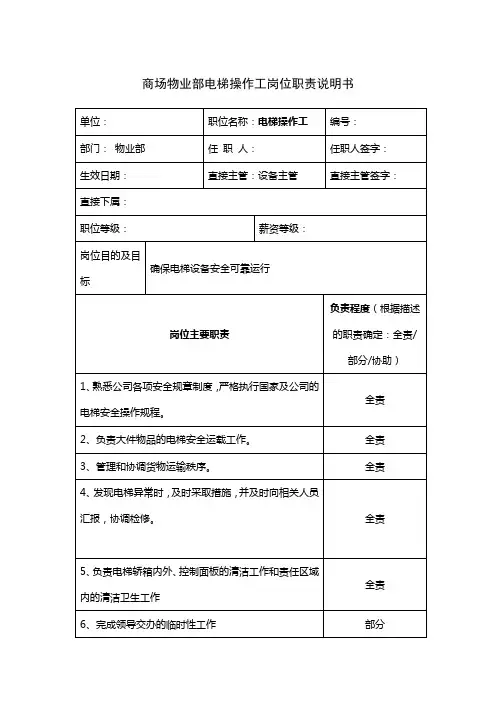 商场物业部电梯操作工岗位职责说明书