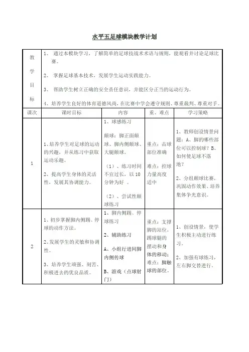 水平五足球模块教学计划