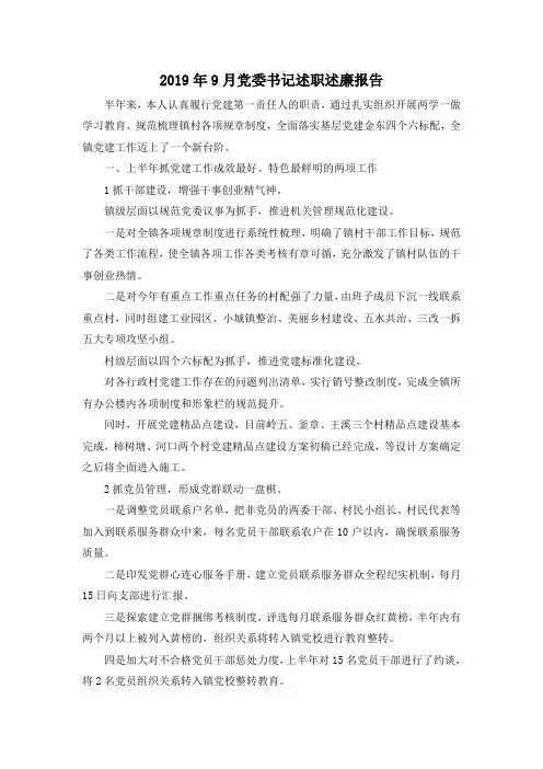 最新-2019年9月党委书记述职述廉报告 精品