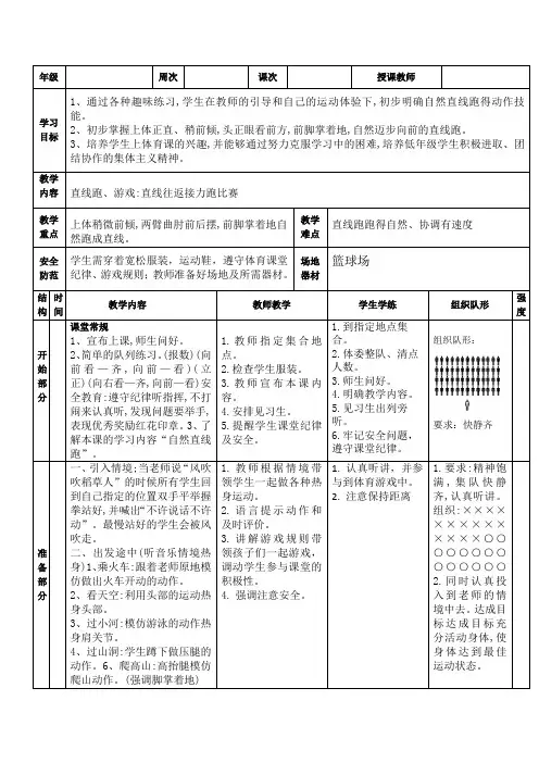 人教版二年级上册体育直线跑(教案)